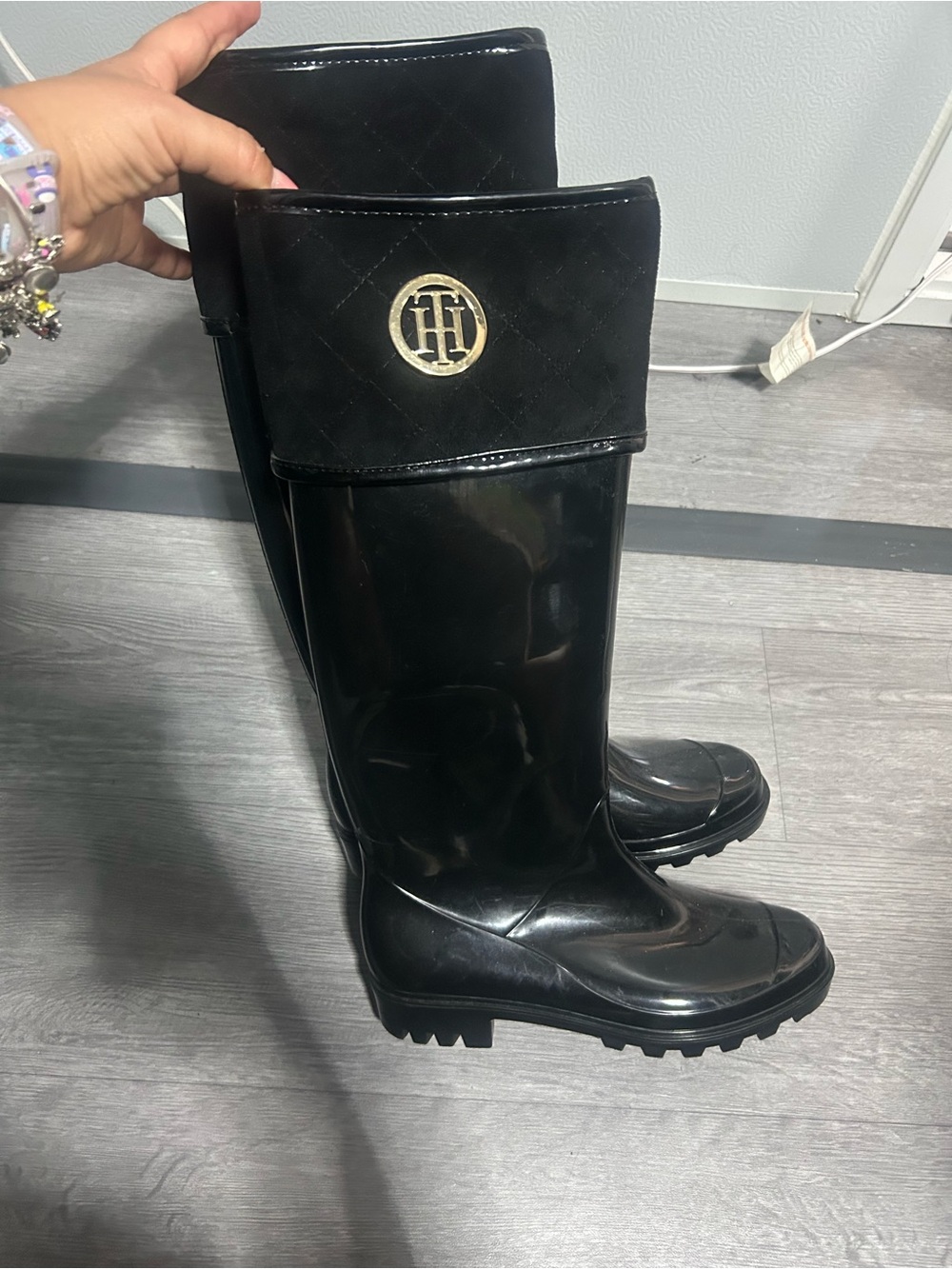 Tommy Hilfiger Black Quilted-Trim Logo Rain Boots